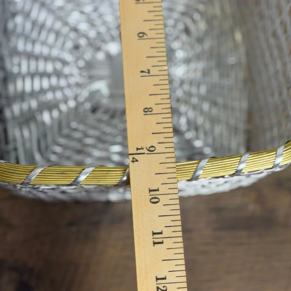 Vintage Woven Metal Wire Basket Silver Gold Trim Square Made in India 9.5 x 5 in